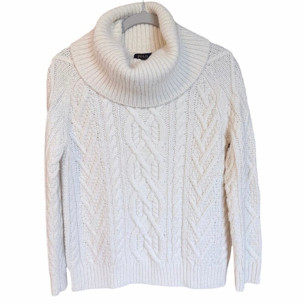 Polo Ralph Lauren cream cowl neck cable knit sweater small wool nylon alpaca